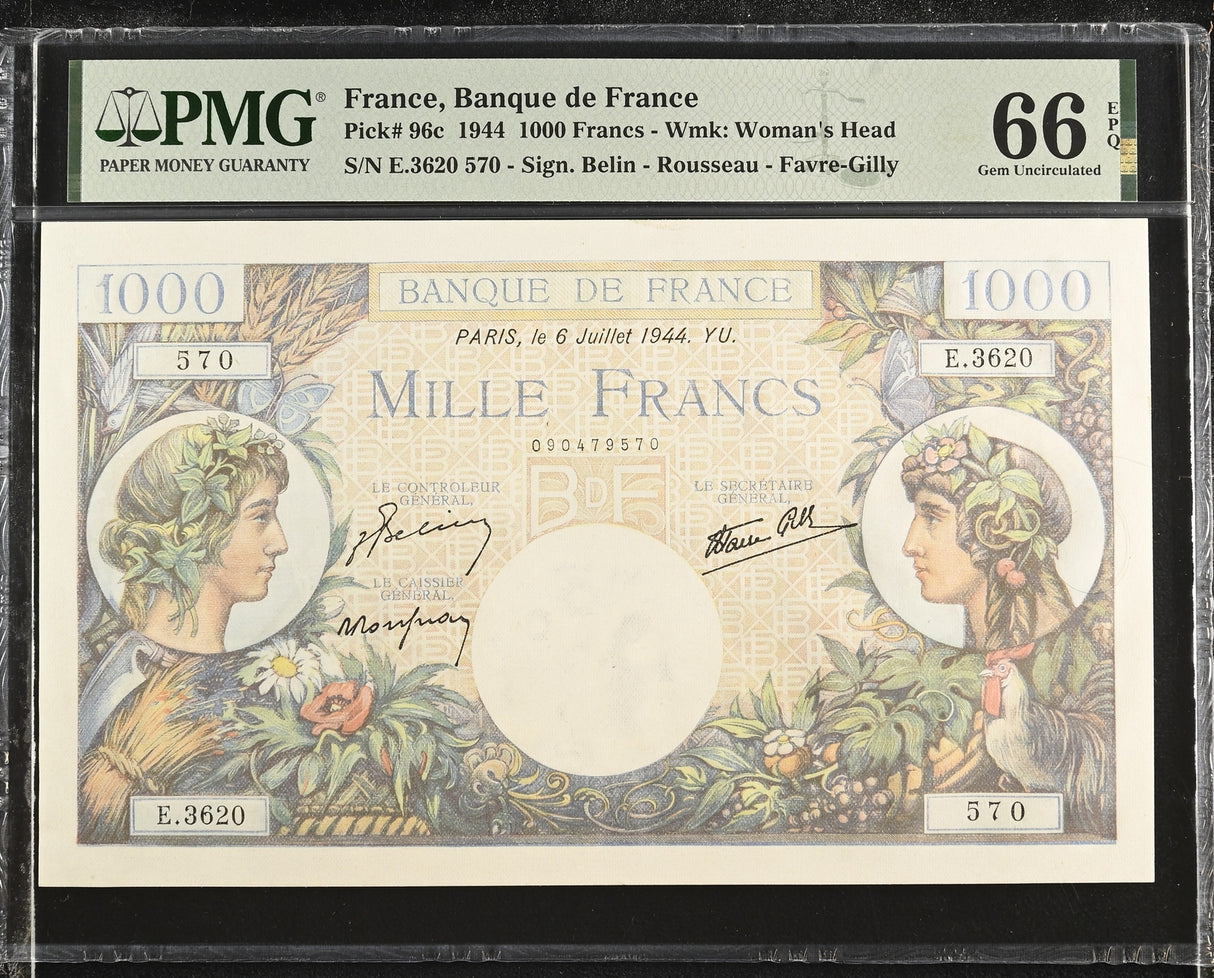 France 1000 Francs 1944 P 96 c Gem UNC PMG 66 EPQ Sign Belin - Rousseau Gilly