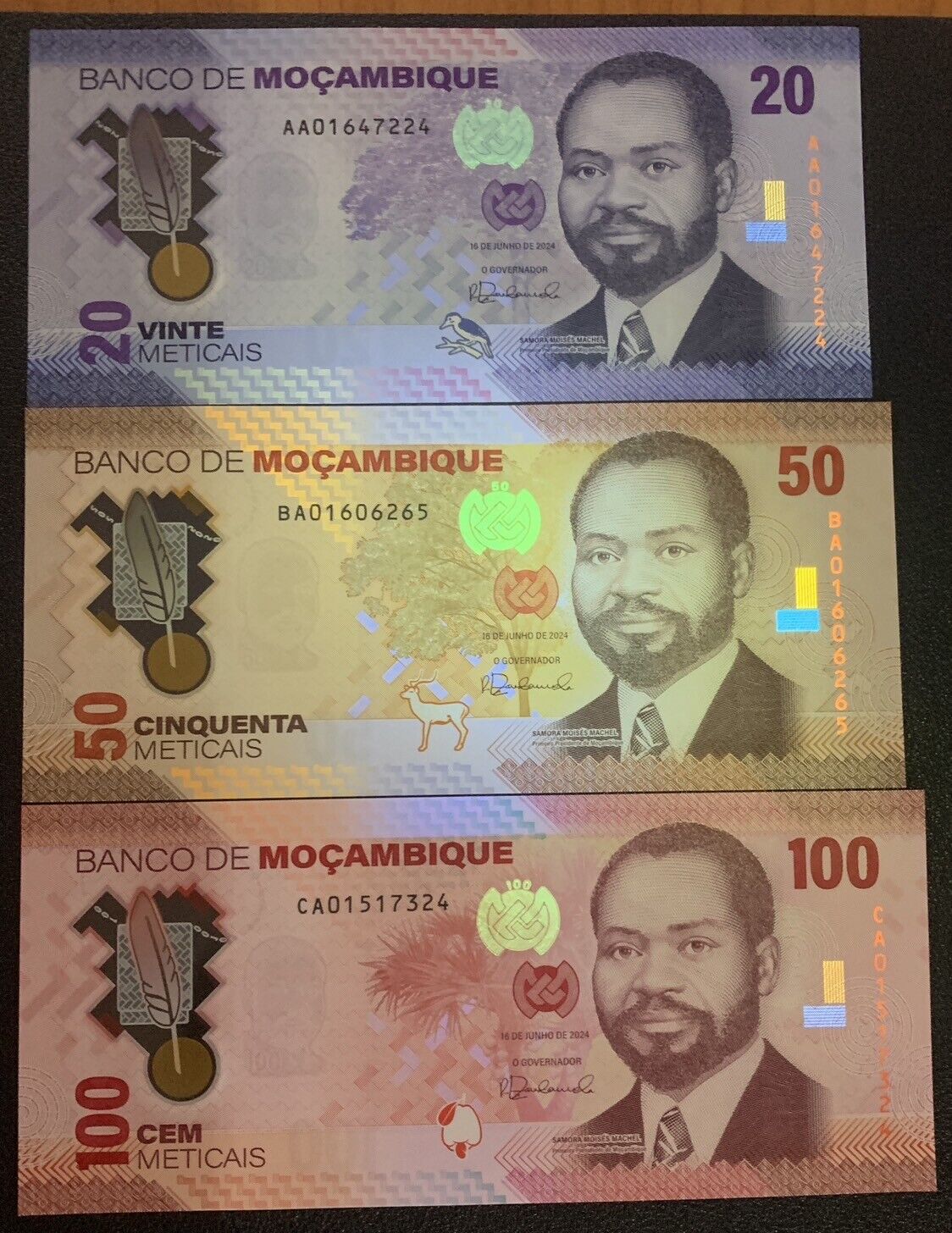 Mozambique set 6 UNC (20 50 100 Polymer) 200 500 1000 Meticais 2024 P 155 -160