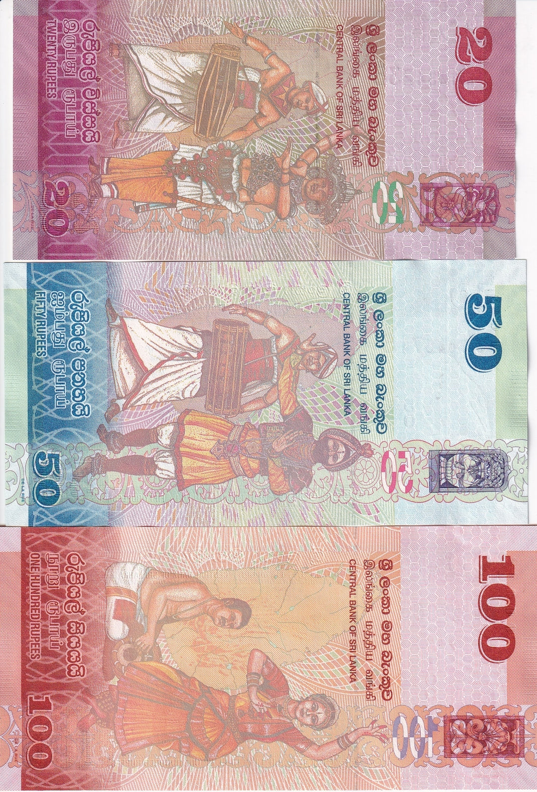 Sri Lanka Set 3 Pcs 20 50 100 Rupees Ramdom Date P 123 124 125 UNC