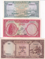 Cambodia Set 3 UNC 1 5 20 Riels 1956 - 1975 P 4 5 10 Phnom Penh