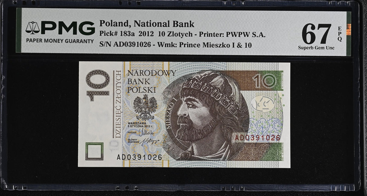 Poland 10 Zlotych 2012 P 183 a Superb Gem UNC PMG 67 EPQ ,Printer PWPW S.A.