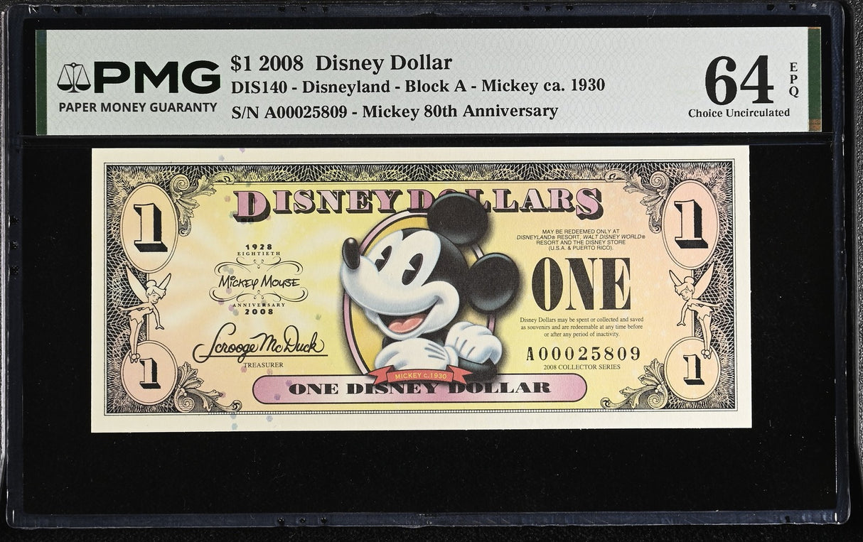 USA Disney 1 Dollar 2008 Mickey 80th Anniversary Choice UNC PMG 64 EPQ