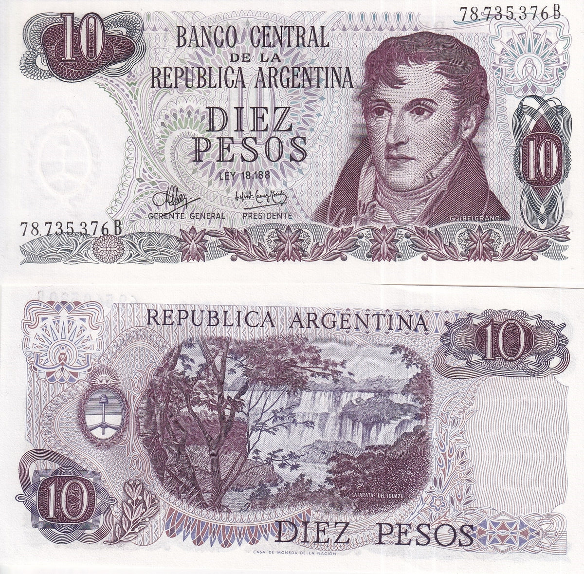 Argentina 10 Pesos ND 1970-73 P 289 UNC ,Iguazú waterfalls ,Misiones