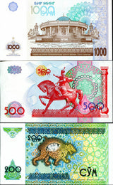 Uzbekistan Set 3 UNC 200 500 1000 Som 1997 1999 2001 P 80 81 82