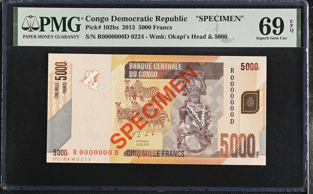 Congo 5000 Francs 2013 P 102 bs SPECIMEN Superb Gem UNC PMG 69 EPQ