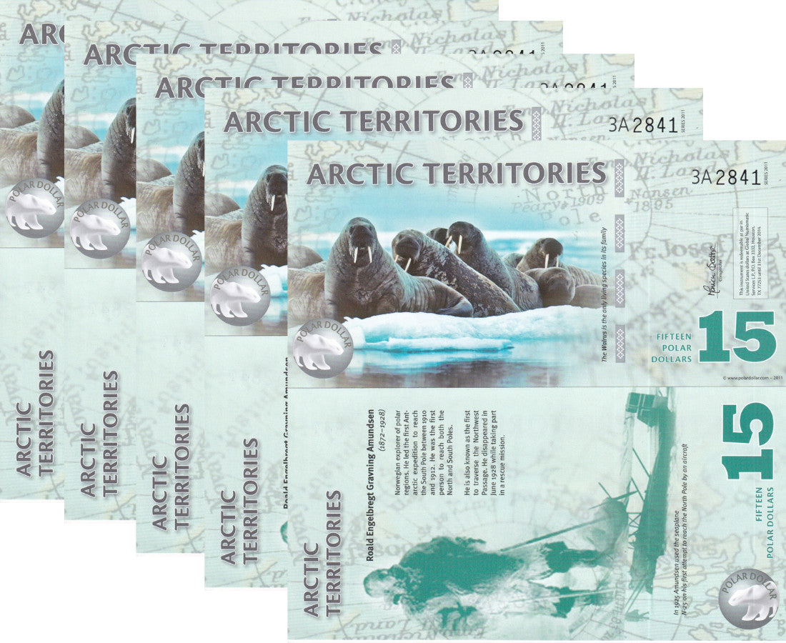 Arctic Territories 15 Dollars 2011 POLAR WALRUS Polymer UNC LOT 5 PCS