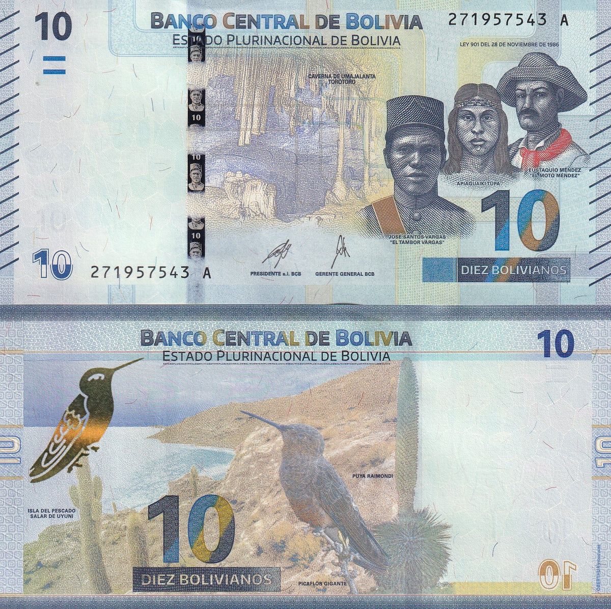 Bolivia 10 Bolivianos 2018 24 P 248 UNC , Picaflor gigante bird