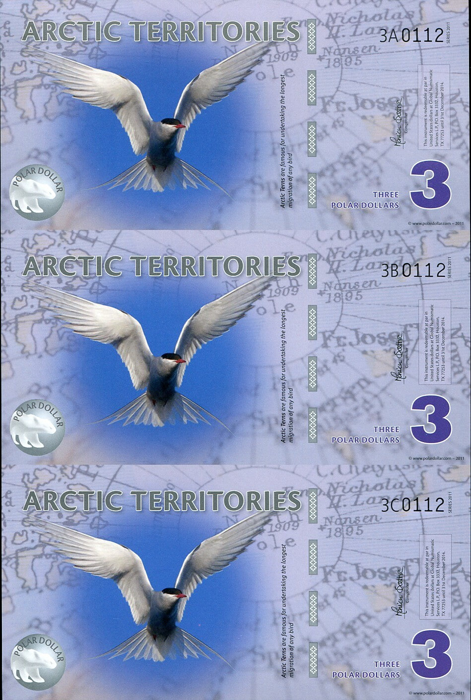 Arctic Territories 3 Dollar 2011 Polymer SERIES A B C MATCHING SHEET OF 3 UNC