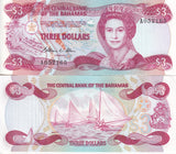 Bahamas 3 Dollars 1984 P 44 UNC , Elizabeth II , Sailing boats
