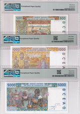West African ST Set 3; 500 1000 5000 Fr. 1998-2002 Superb Gem UNC PMG 67 68 EPQ