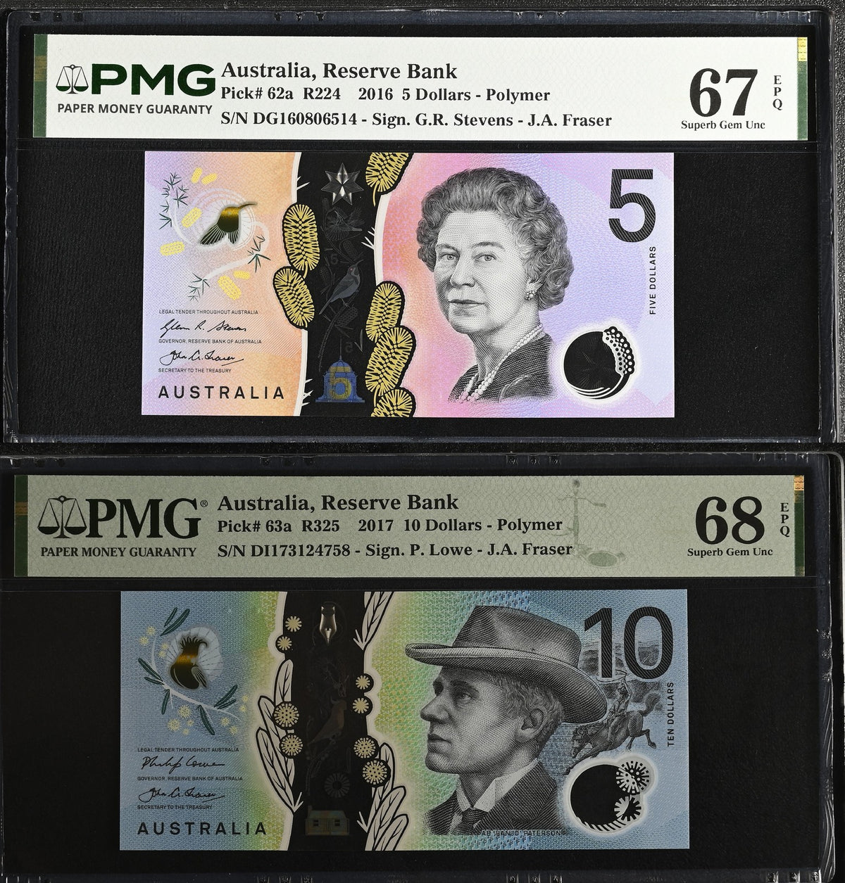 Australia Set 2; 5 10 Dollars 2016 2017 P 62 P 63 Superb Gem UNC PMG 67 68 EPQ
