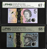 Australia Set 2; 5 10 Dollars 2016 2017 P 62 P 63 Superb Gem UNC PMG 67 68 EPQ