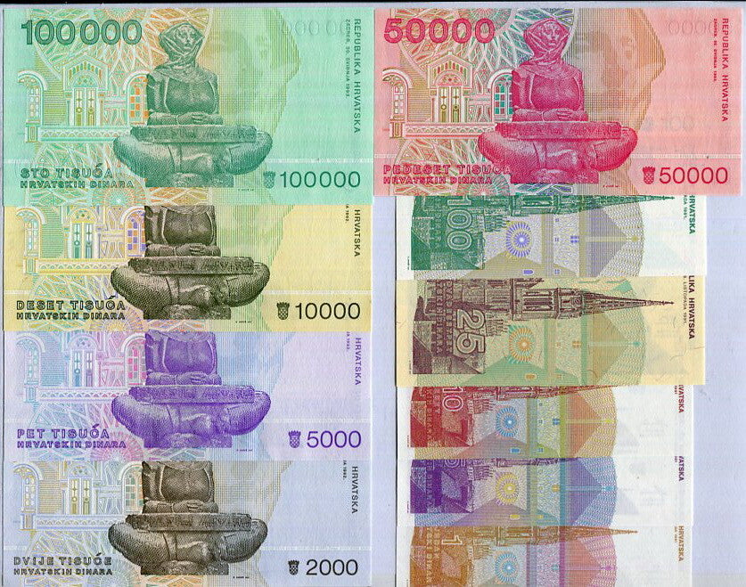 Croatia Set 10 UNC 1 5 10 25 100 1000 2000 5000 100K 1991-93 P 16 - 20 & 23 - 27