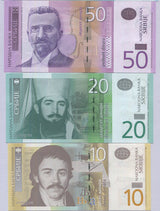 Serbia Set 3 Pcs 10 20 50 Dinara RANDOM DATE P 54 55 56 UNC
