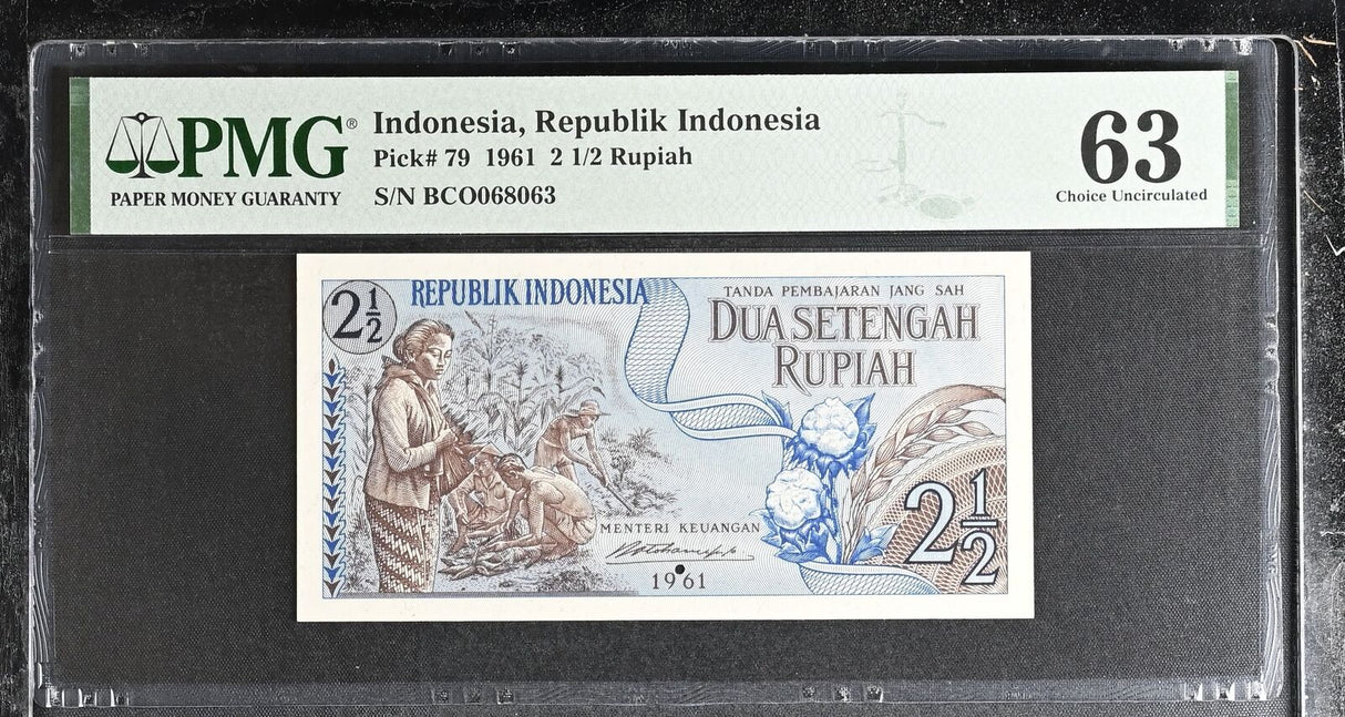 Indonesia 2.5 , 2 1/2 Rupiah 1961 P 79 Choice UNC PMG 63 Pin Hole