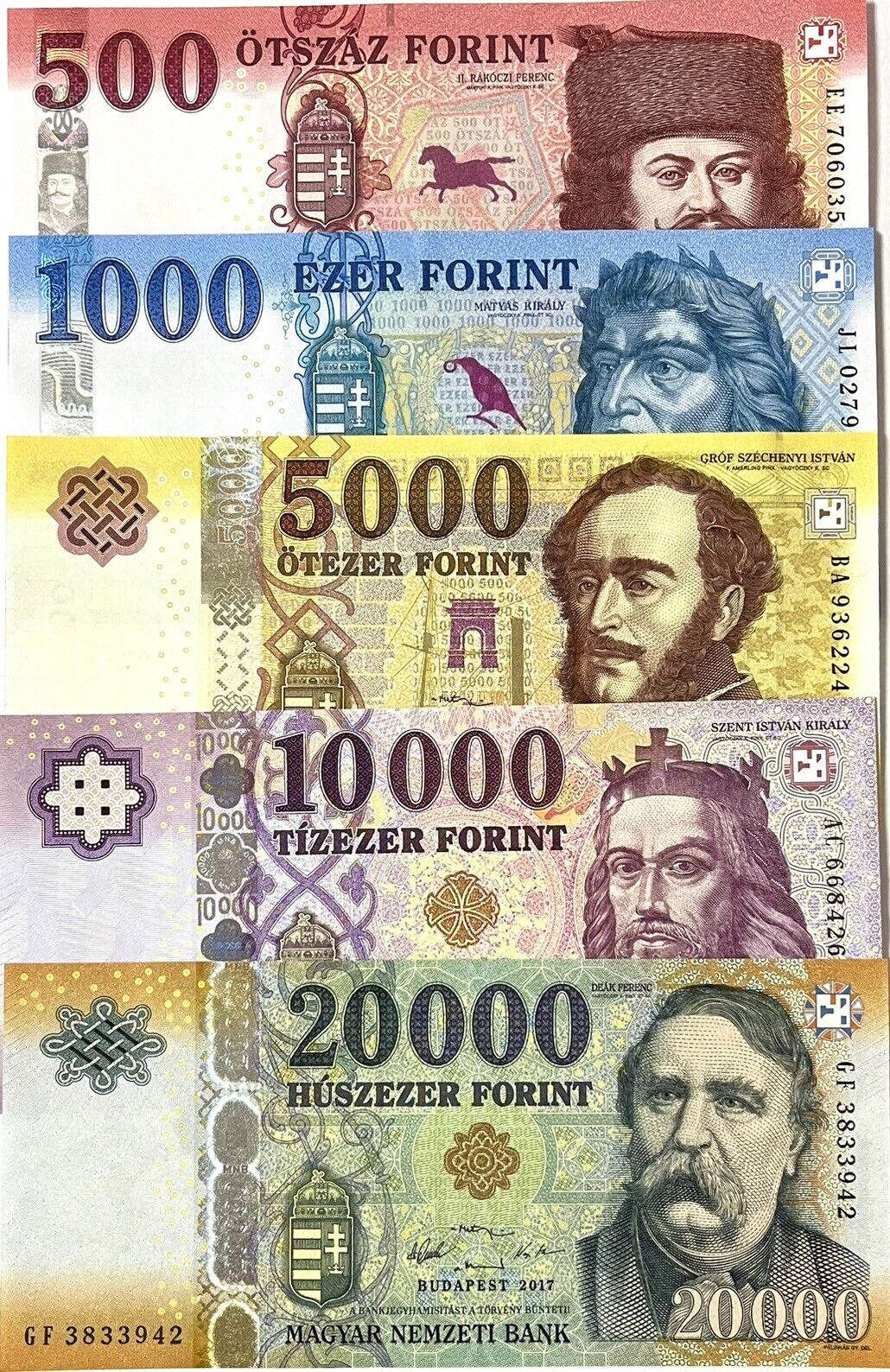 Hungary Set 5 UNC 500 1000 5000 10000 20000 Forint Random Year P 202 203-206 207
