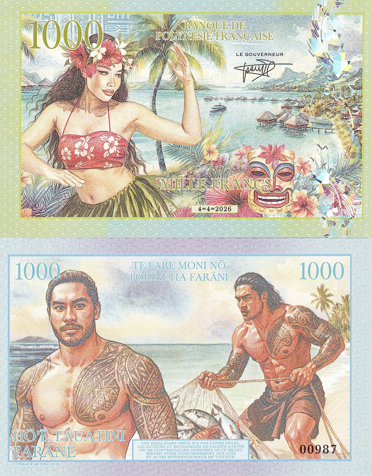 Polynesia 1000 Francs 2026 Private Issue FANTASY fisherman Mask Woman NEW
