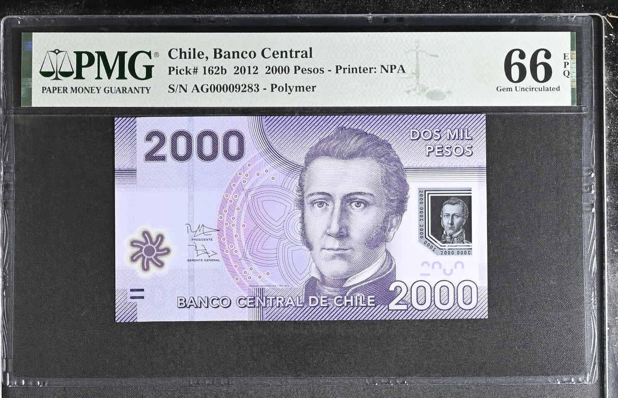 Chile 2000 Pesos 2012 P 162 b Polymer Gem UNC PMG 66 EPQ