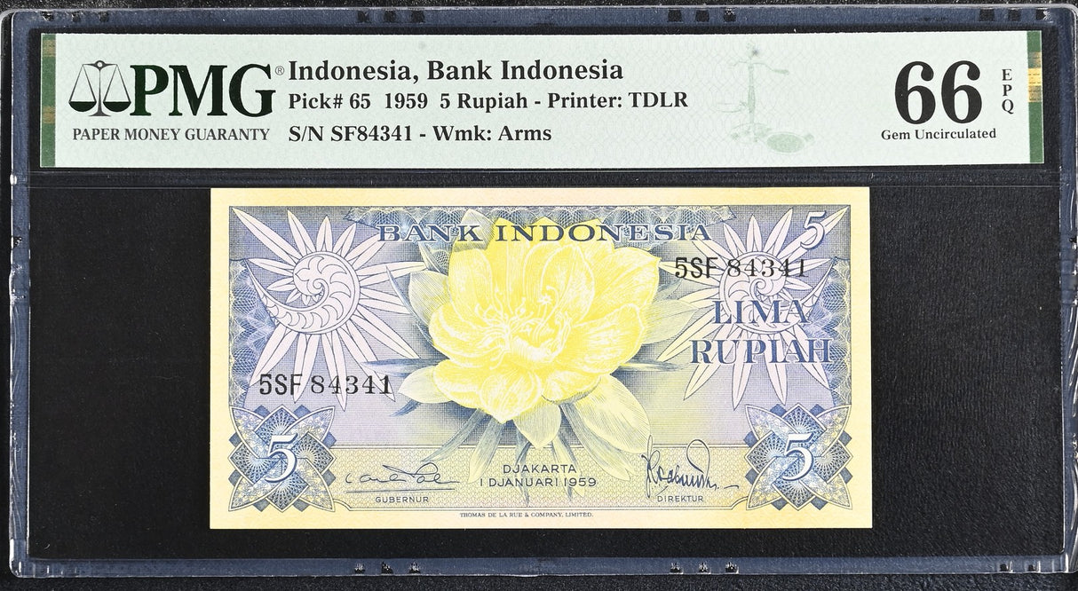 Indonesia 5 Rupiah 1959 P 65 2 LETTER Gem UNC PMG 66 EPQ