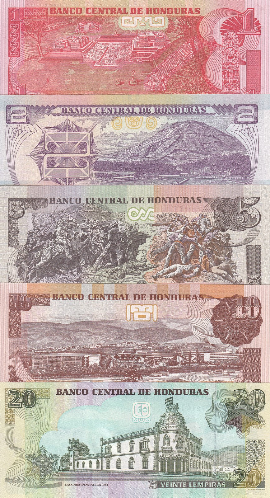 Honduras Set 5 UNC 1-20 Lempiras 2022-2024 P 96 97 98 99 - 100 New Dates