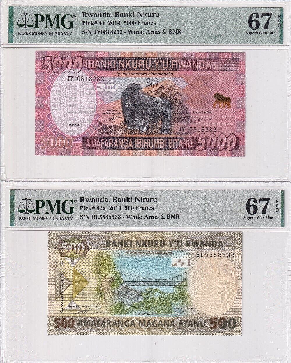 Rwanda Set 2; 500 5000 Francs 2014 2019 P 41 P 42 a Superb Gem UNC PMG 67 EPQ
