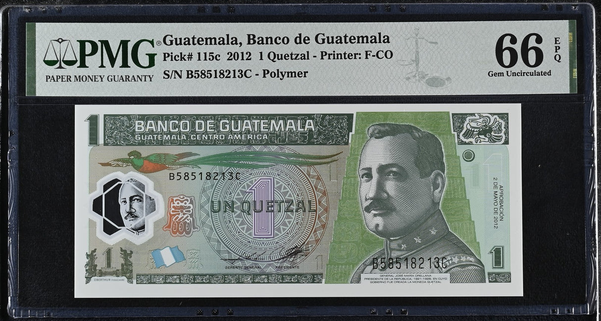 Guatemala 1 Quetzal 2012 P 115 c Polymer Gem UNC PMG 66 EPQ