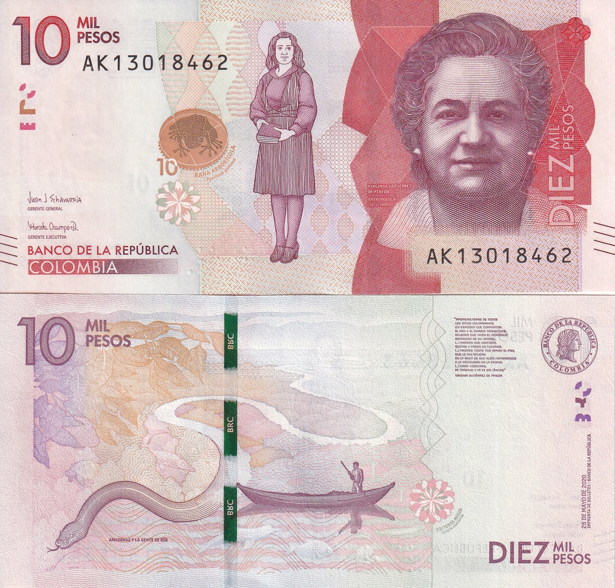 Colombia 10000 Pesos 2020 P 460 UNC ,treefrog , Amazonas , Anaconda