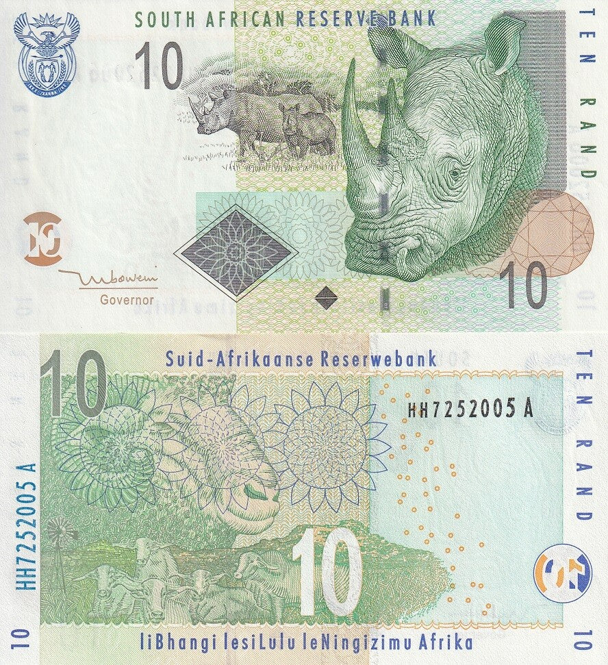 South Africa 10 Rand 2005 RHINO , Ram, Cows P 128 UNC ,Suid-Afrikaanse