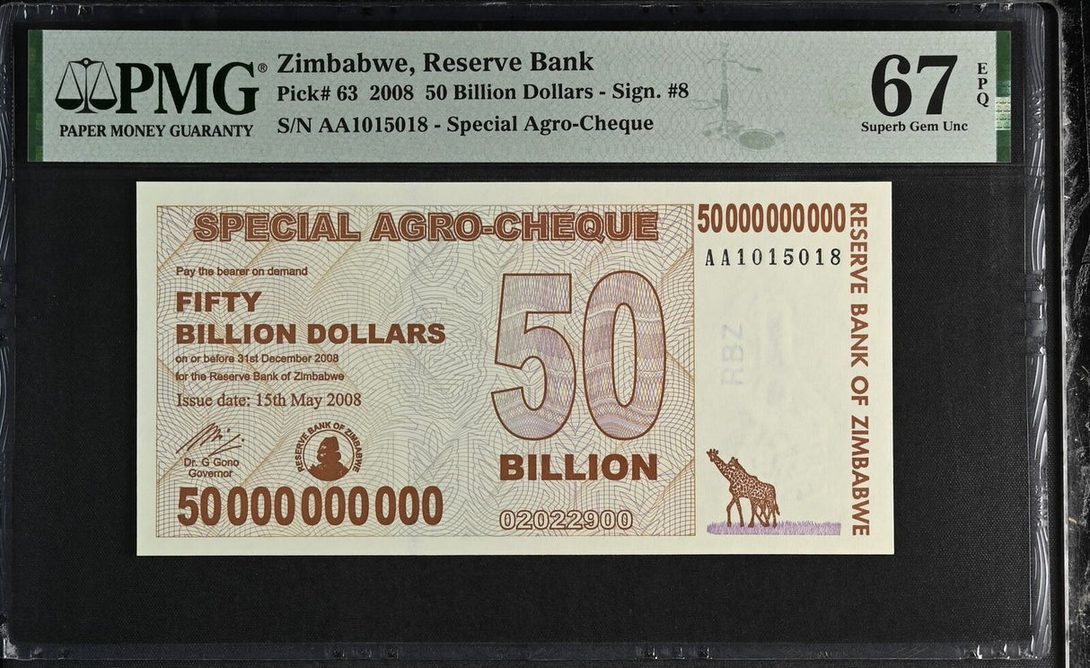 Zimbabwe 50 Billion Dollars 2008 P 63 Superb GEM UNC PMG 67 EPQ