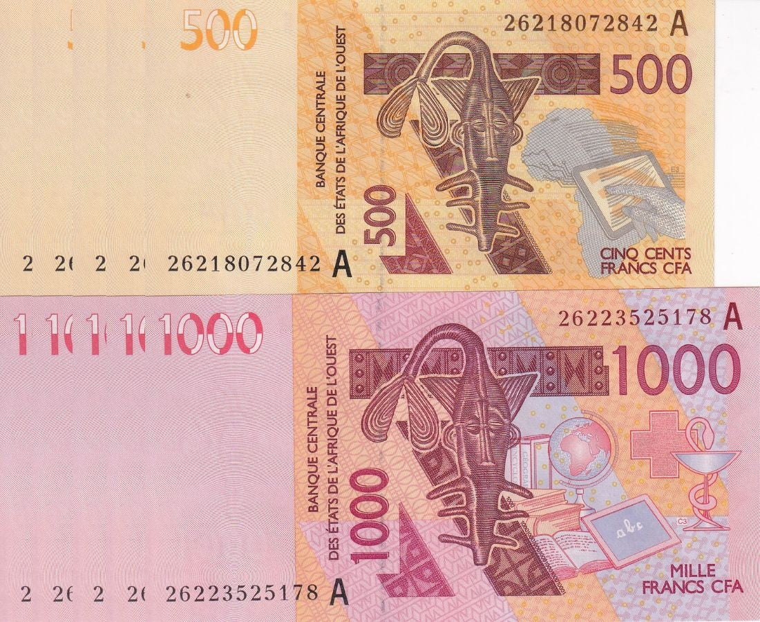 WAS Ivory Coast Set 2 x Lot 5=10 UNC 500 1000 Francs 2026 P 115A 116A New