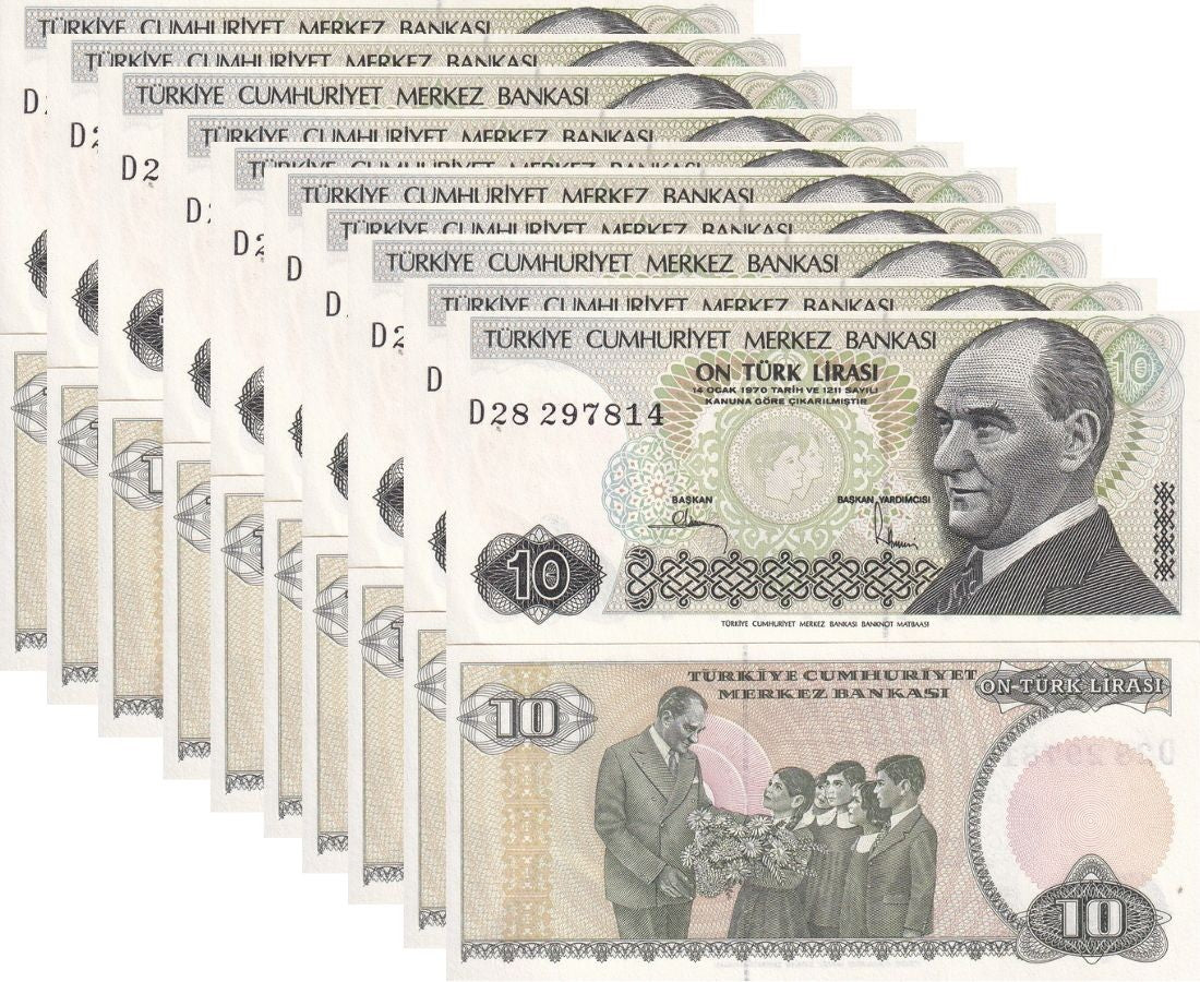 Turkey 10 Lira 1970 P 193 UNC LOT 10 PCS , President Mustafa Kemal Ataturk