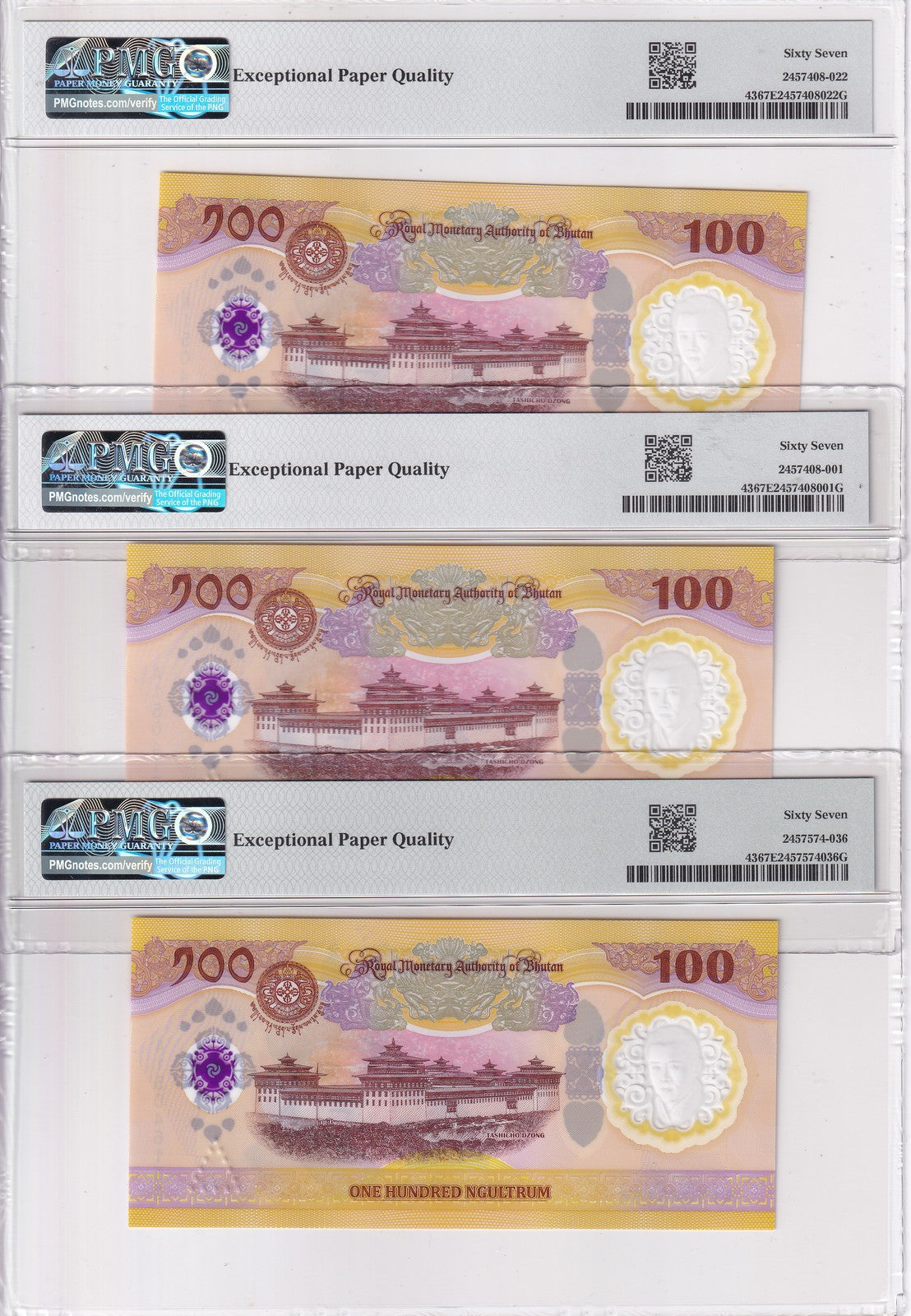 Bhutan LOT 3; 100 Ngultrum 2025 P 43 Commemorative Superb Gem UNC PMG 67 EPQ