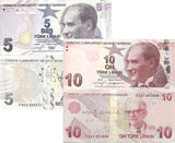 Turkey Set 2 PCS 5 10  Lira 2009 / 2020 P 222 P 223 Mixed Prefix UNC