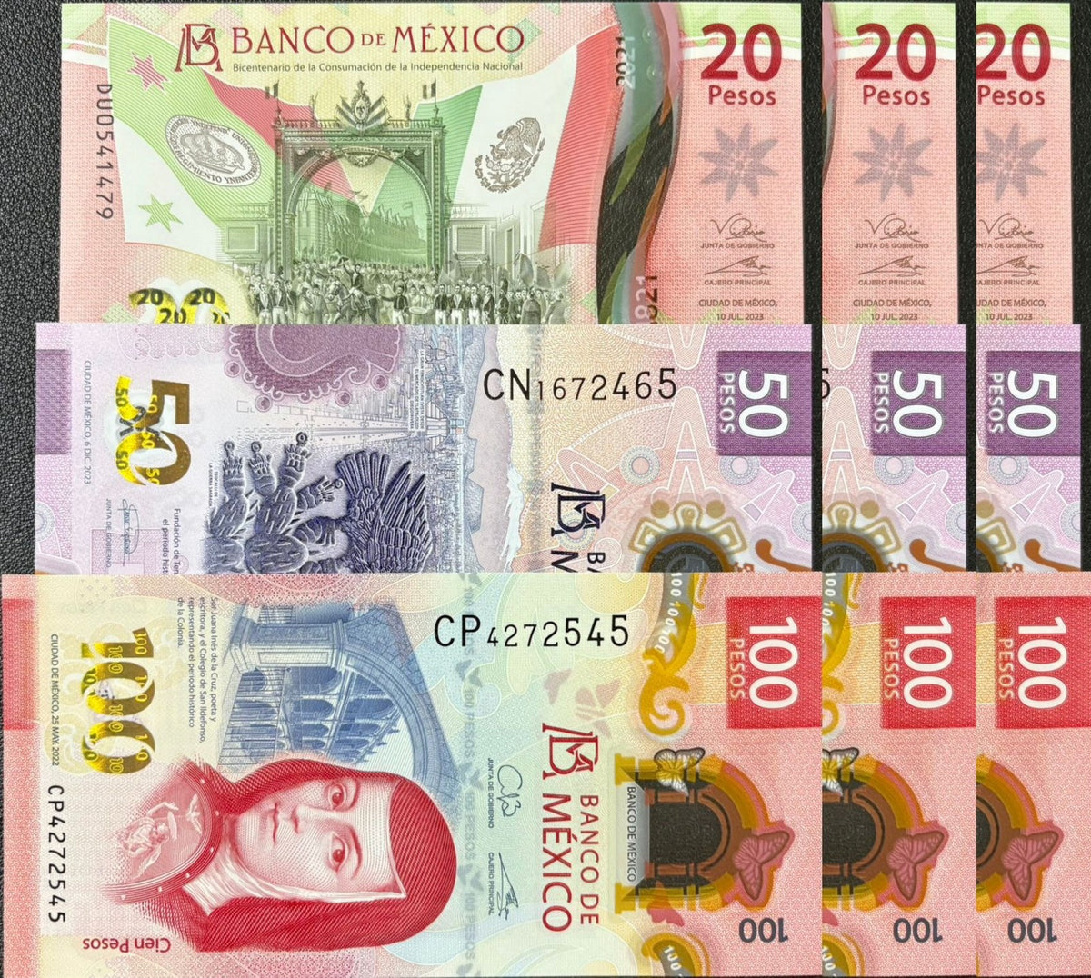 Mexico set 3 x Lot 3 = 9 UNC 20 50 100 Mixed Years Polymer P 131 132 133