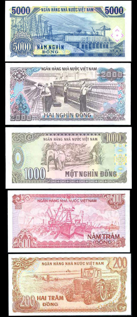 Vietnam Set 5 Pcs 200 500 1000 2000 5000 Dong 1987-91 P 100 101 106 107 108 UNC