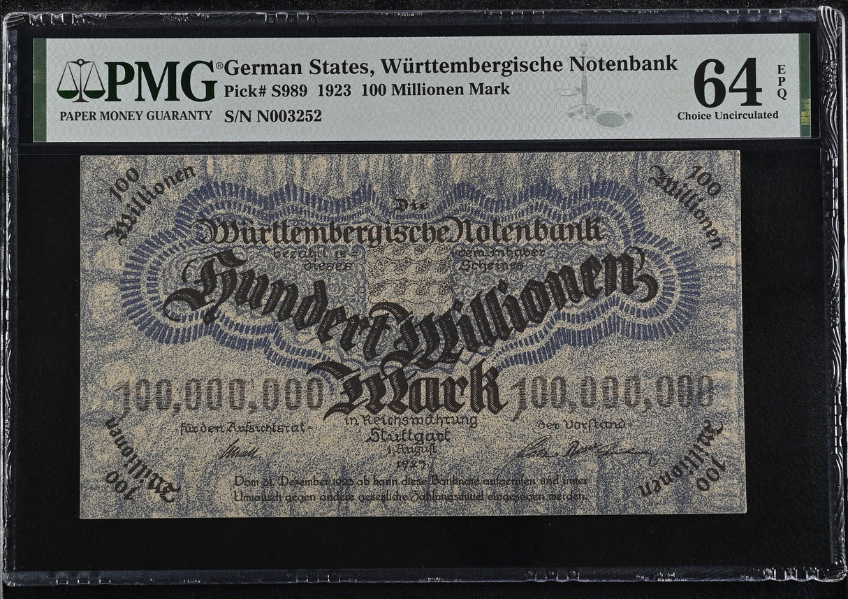 Germany 100 Millionen Mark 1923 P S989 Choice UNC PMG 64 EPQ