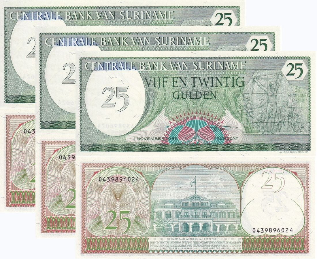 Suriname 25 Gulden 1985 P 127 UNC LOT 3 PCS