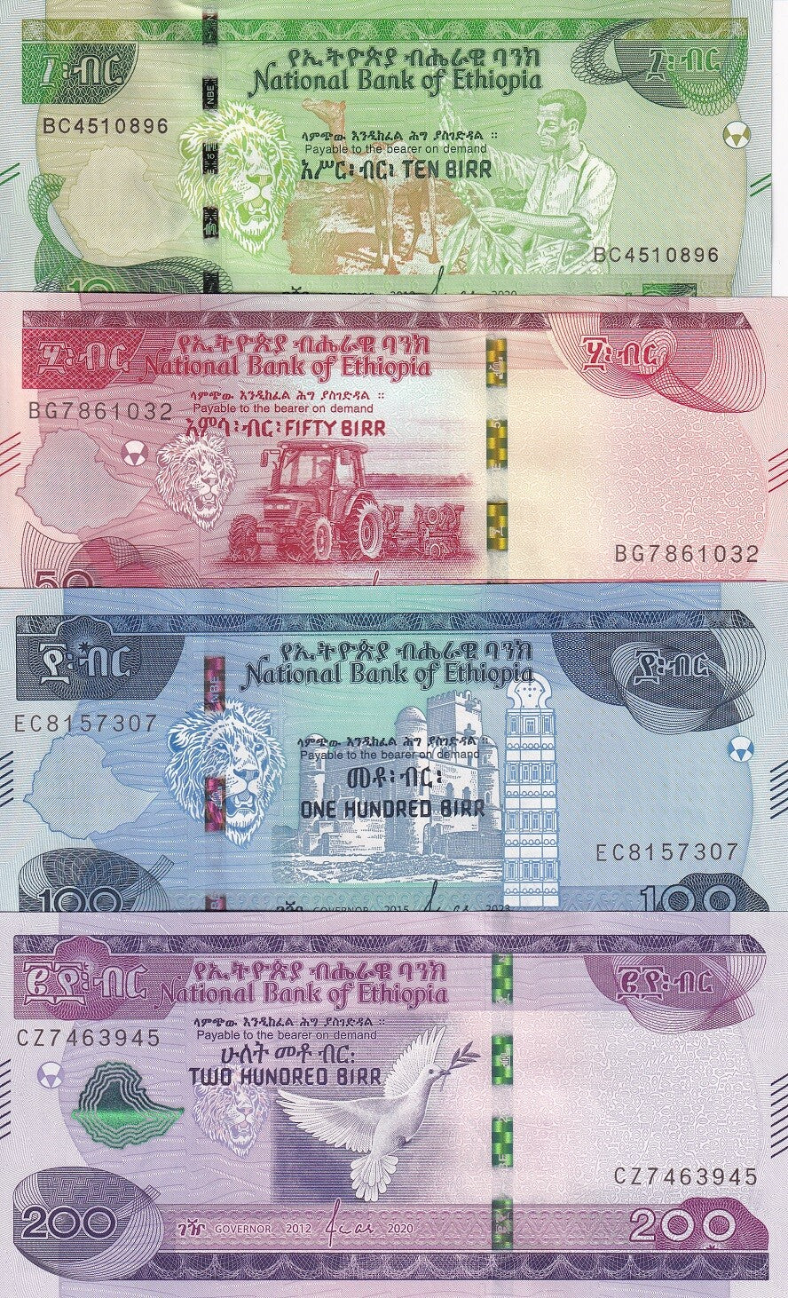 Ethiopia Set 4 Pcs 10 50 100 200 Birr 2012/2023 P 53 54 55 56 UNC