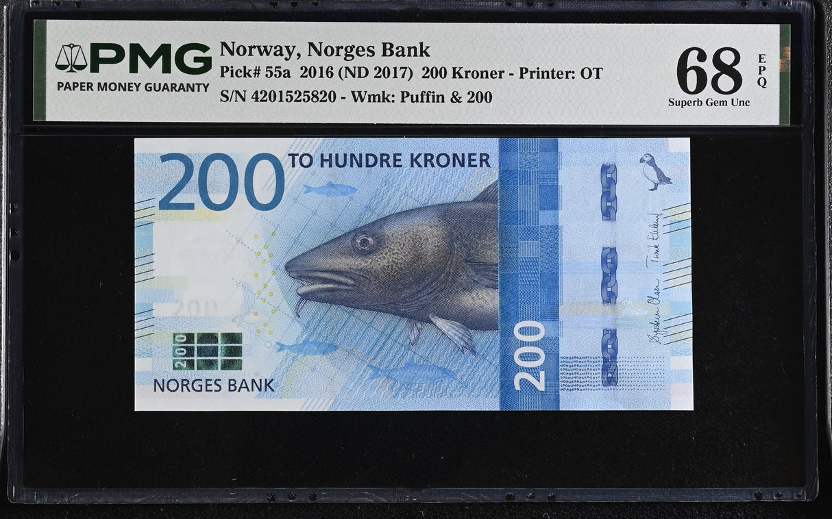 Norway 200 Kroner 2016 ND 2017 P 55 a Superb Gem UNC PMG 68 EPQ Codfish