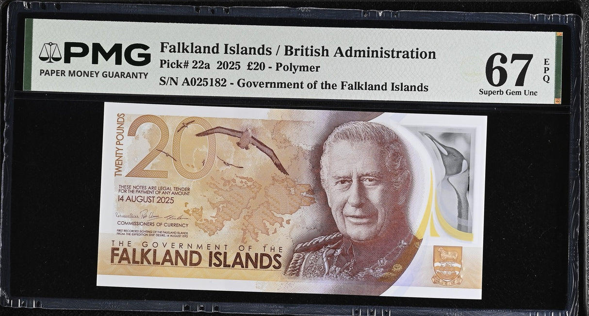 Falkland Islands 20 Pounds 2025 P 22 a Polymer Superb Gem UNC PMG 67 EPQ
