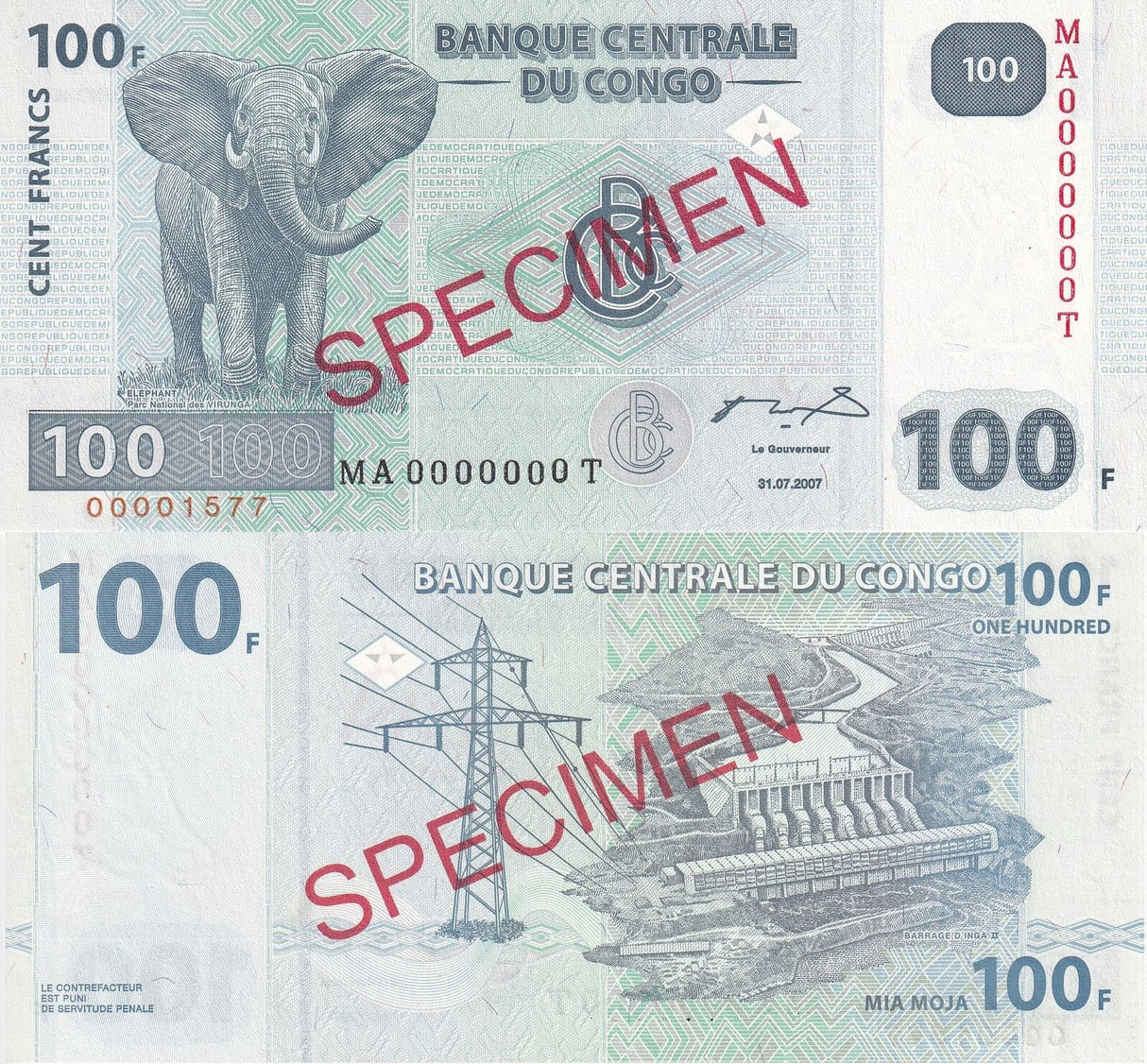 Congo 100 Francs 2007 P 98 Specimen UNC