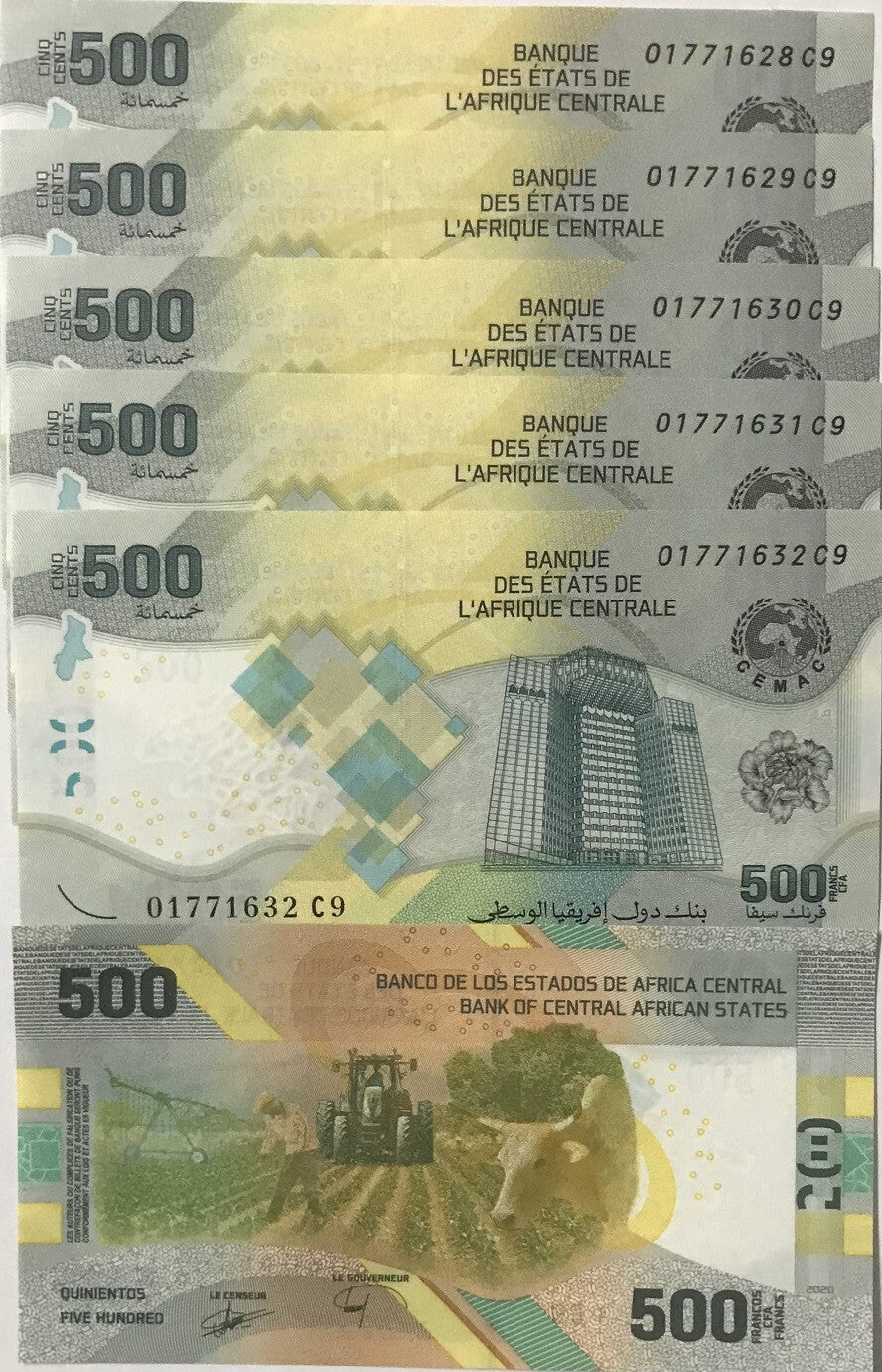 Central African States 500 Francs 2020 ND 2022 P 700 Hybrid LOT 5 UNC