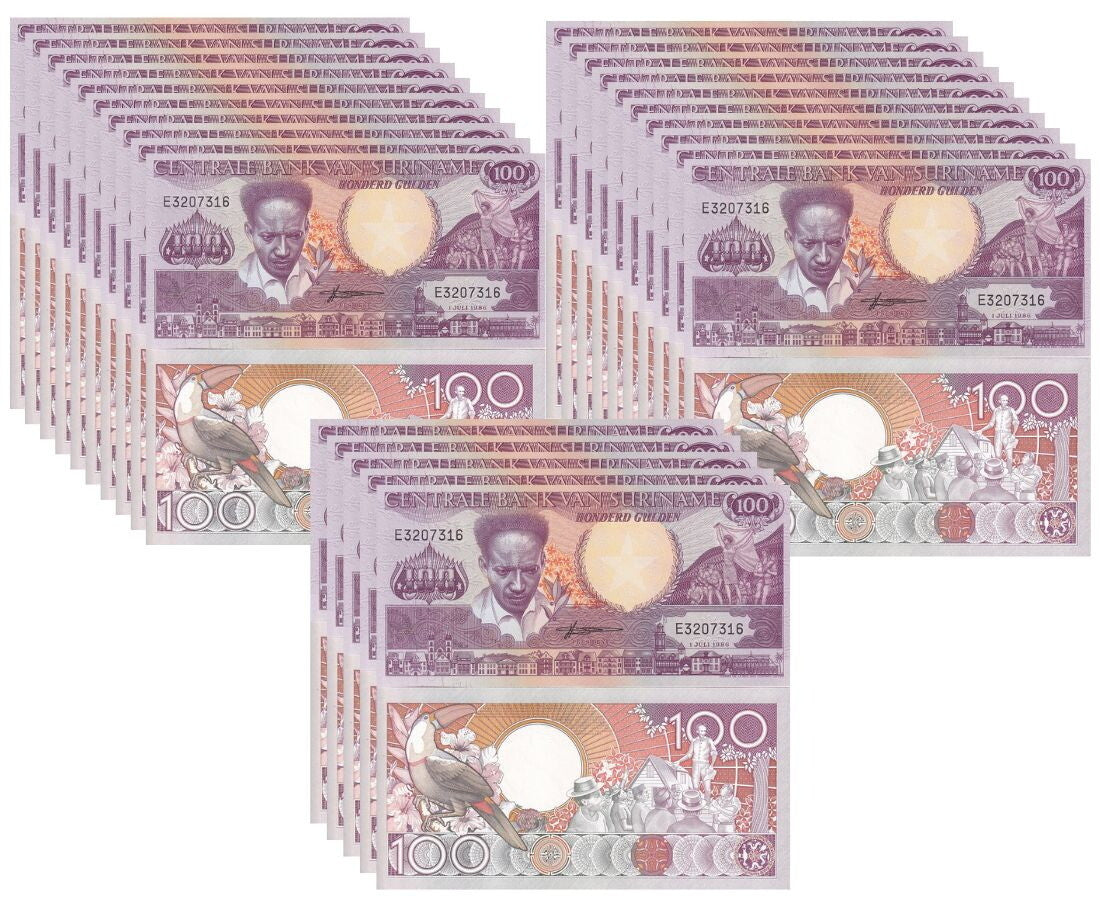 Suriname 100 Gulden 1986 P 133 a UNC Lot 25 PCS 1/4 BUNDLE ,Printer TDLR