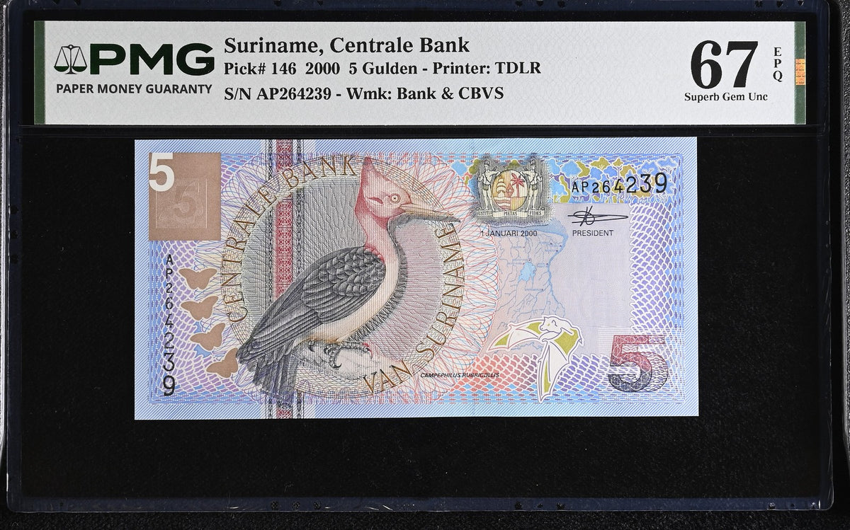 Suriname 5 Gulden 2000 P 146 Superb Gem UNC PMG 67 EPQ , TDLR