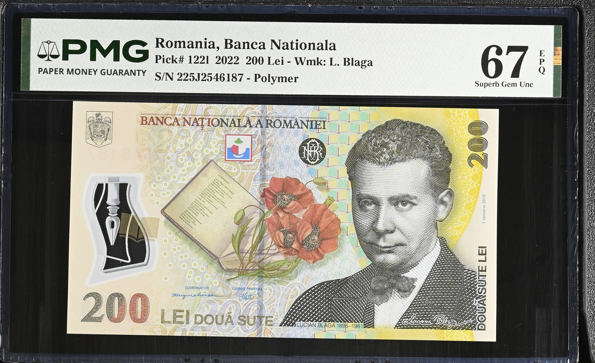 Romania 200 Lei 2022 P 122 l Polymer Superb Gem UNC PMG 67 EPQ