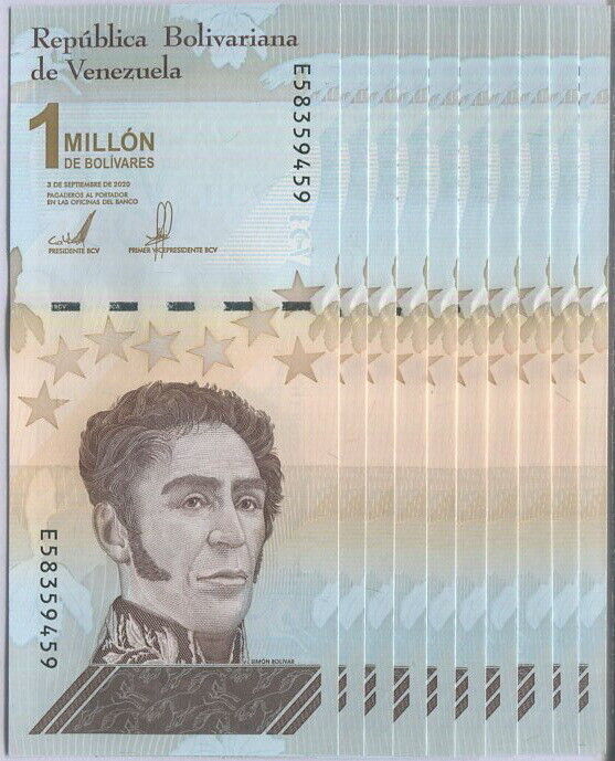 Venezuela 1 Million 1000000 Bolivares 2020/2021 P 114 UNC Lot 10 Pcs 1/10 Bundle