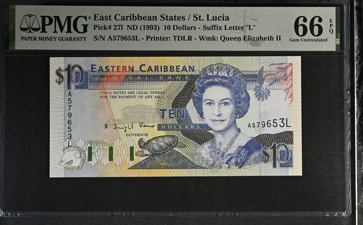 East Caribbean 10 Dollars ND 1993 P 27 L St. Lucia Gem UNC PMG 66 EPQ