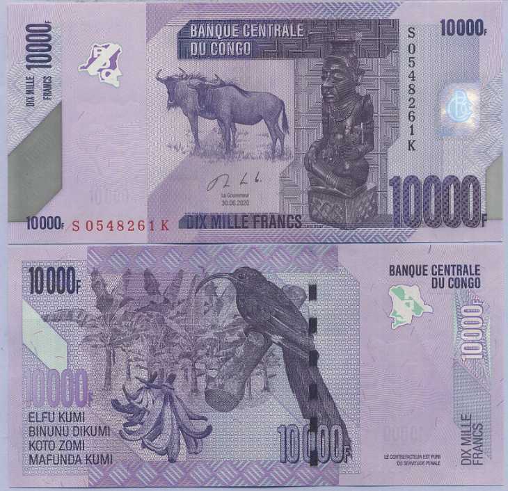Congo 10000 Francs 2020 P 103 c UNC ,Buffalos, carved statuette , Bird