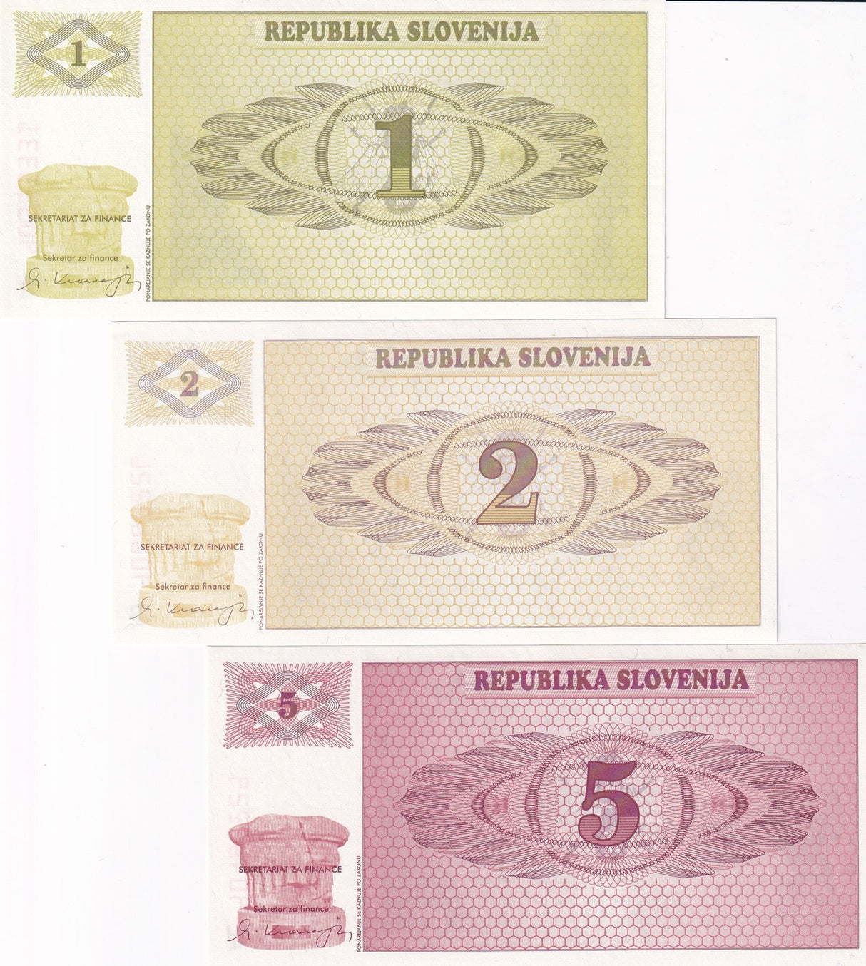 Slovenia Set 3 Pcs 1 2 5 Tolarjev 1990 P 1 2 3 UNC