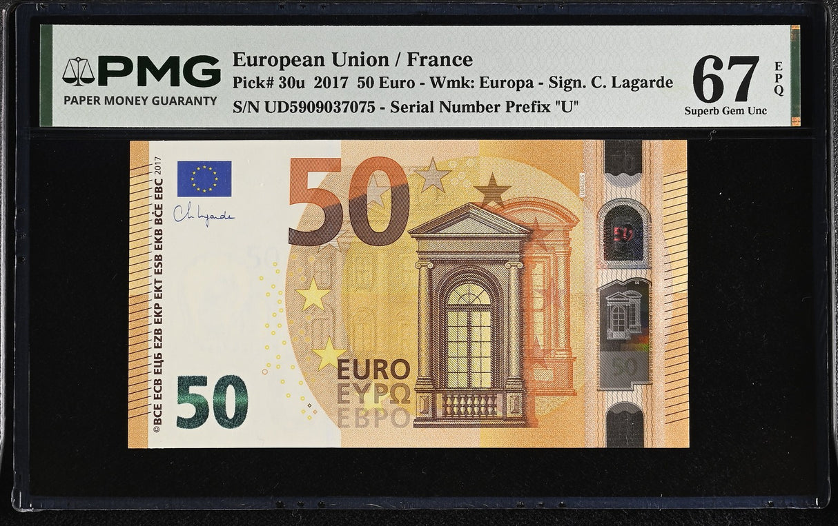 Euro 50 Euro 2017 France P 30 UD Prefix Superb Gem UNC PMG 67 EPQ